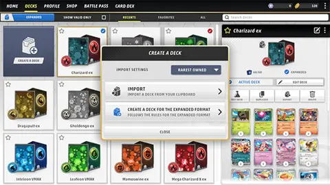 The Pokémon TCG Live Decks screen showing the Import option
