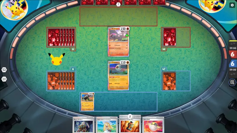 A Pokémon TCG Live battle in progress on the 30th Celebration battle board