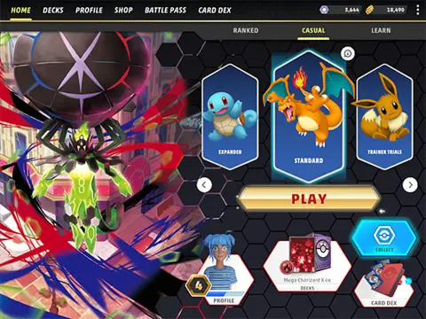 The Pokémon TCG Live home screen with Ranked, Casual and Learn modes